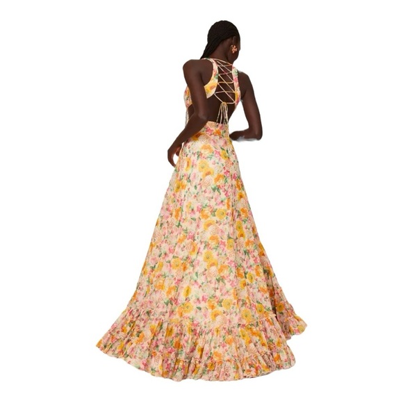 Leena for MacDuggal Floral Tie Back Maxi Gown Waist Cutouts in Chiffon Size 10 - Picture 3 of 11